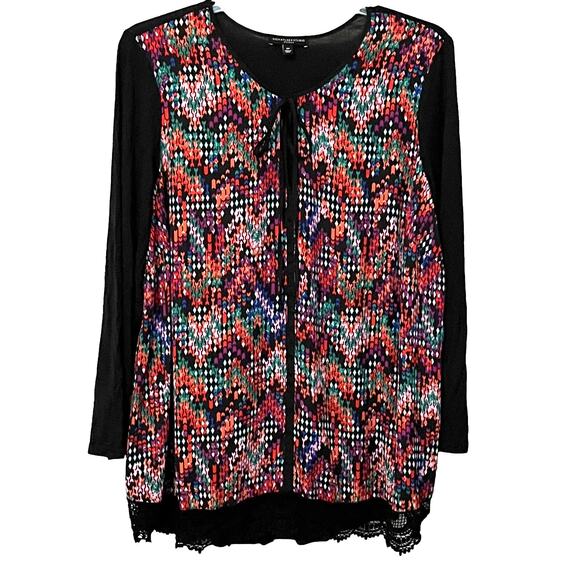 SIGNATURE STUDIO LONG SLV V-NECK TUNIC BLOUSE, WOMENS, 2X, BLACK & MULTICOLOR - Picture 1 of 11